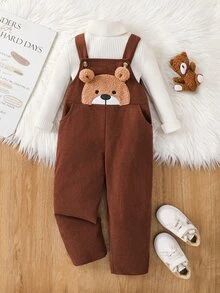 Kids Young Boy Cartoon Bear Pattern Overalls Long Pants, Versatile And Comfortable, Suitable For Daily Wear, School, Travel, Sports, Autumn/Winter - Brown - View 5