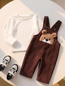 Kids Young Boy Cartoon Bear Pattern Overalls Long Pants, Versatile And Comfortable, Suitable For Daily Wear, School, Travel, Sports, Autumn/Winter - Brown - View 3