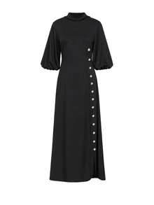 Lunelith SHEIN Lunessa Elegant Banquet Date Holiday Ribbon Design Split Hem Button Decor Women's Long Dress Spring Summer Autumn Black - Black - View 7