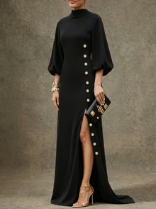 Lunelith SHEIN Lunessa Elegant Banquet Date Holiday Ribbon Design Split Hem Button Decor Women's Long Dress Spring Summer Autumn Black - Black - View 6