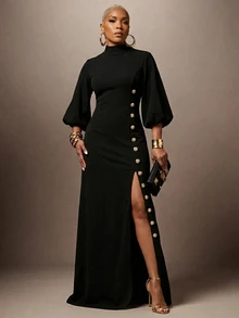 Lunelith SHEIN Lunessa Elegant Banquet Date Holiday Ribbon Design Split Hem Button Decor Women's Long Dress Spring Summer Autumn Black - Black - View 3