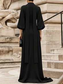 Lunelith SHEIN Lunessa Elegant Banquet Date Holiday Ribbon Design Split Hem Button Decor Women's Long Dress Spring Summer Autumn Black - Black - View 2