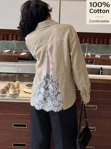 Siren Gaze Kemeja Wanita 100% Katun Hitam Kasual Longgar dengan Patchwork Renda di Bagian Belakang, Lengan Panjang, Kancing. - Hitam - View 5