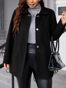 Chikora Jaket Wol Campuran Lengan Panjang Wanita Ukuran Besar dengan Kancing Logam dan Saku Depan - Hitam - View 5