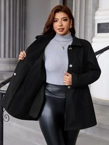 Chikora Jaket Wol Campuran Lengan Panjang Wanita Ukuran Besar dengan Kancing Logam dan Saku Depan - Hitam - View 10