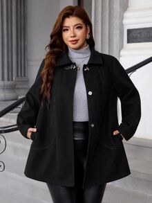Chikora Jaket Wol Campuran Lengan Panjang Wanita Ukuran Besar dengan Kancing Logam dan Saku Depan - Hitam - View 7