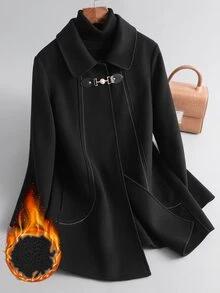 Chikora Jaket Wol Campuran Lengan Panjang Wanita Ukuran Besar dengan Kancing Logam dan Saku Depan - Hitam - View 9