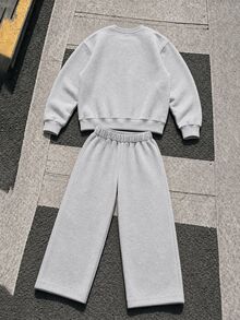 Casuvi Kids 2件組男孩時尚淺灰色印花連帽衫長褲套裝，適合戶外活動、運動街頭風圖案、上學，秋季運動褲套裝 - 彩色 - 查看 2