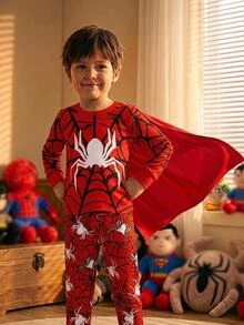 SHEIN Young Boy Spider Web Graphic Print Snug Long Sleeve Top And Pants 2 Pieces Set, Suitable For Autumn/Winter - Multicolor - View 5