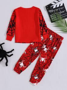 SHEIN Young Boy Spider Web Graphic Print Snug Long Sleeve Top And Pants 2 Pieces Set, Suitable For Autumn/Winter - Multicolor - View 2