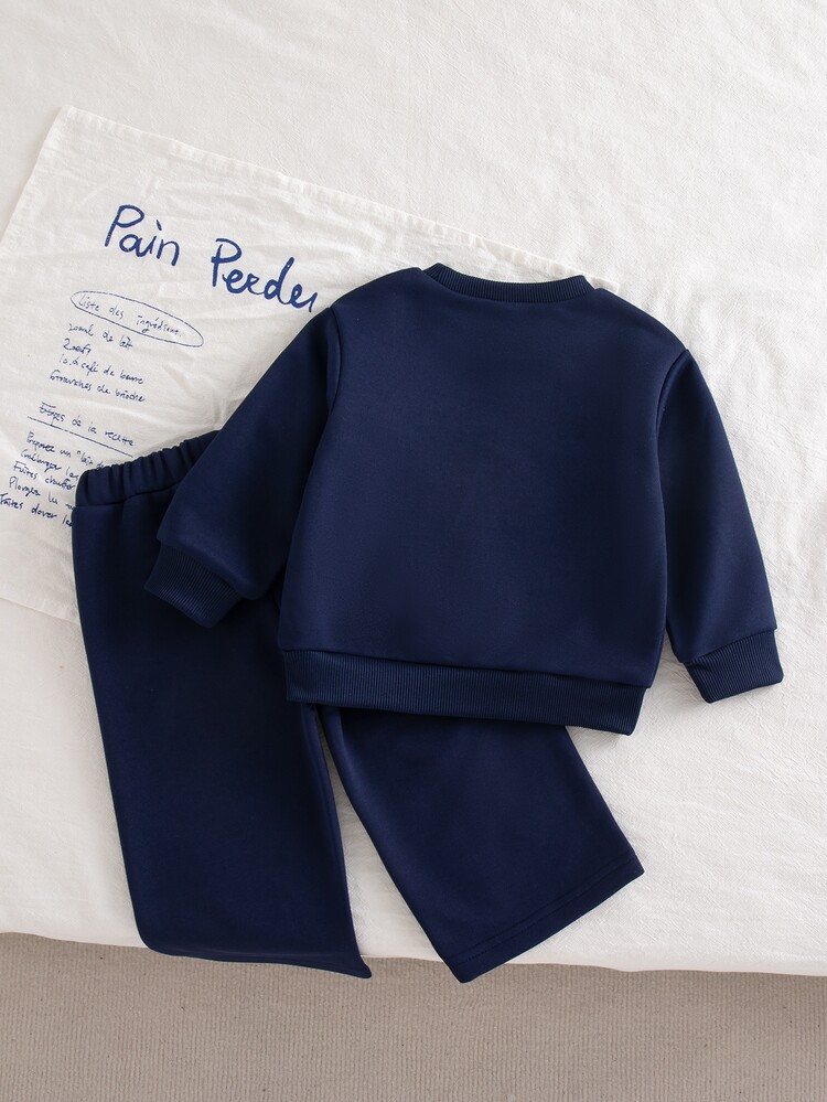 SHEIN 2pcs/Set Baby Girl Casual Sweet Style Top With Lace Bow Embroidery Decoration, Lace Trim Details On Body And Pants Sides, Round Neck Long Sleeve Sweatshirt With Matching Straight Leg Pants, Loose Fit, Suitable For Back To School, Daily Outings, Spring And Autumn - Blue - View 2