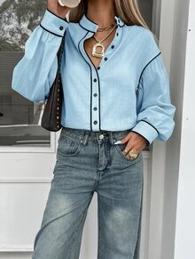 Siren Gaze Women's Contrast Color Trim Long Sleeve Shirt, Autumn Women's Clothing, Stand Collar Long Sleeve Shirt, Cotton Shirt - Baby Blue - View 6