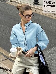 Siren Gaze Women's Contrast Color Trim Long Sleeve Shirt, Autumn Women's Clothing, Stand Collar Long Sleeve Shirt, Cotton Shirt - Baby Blue - View 5