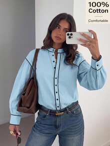 Siren Gaze Women's Contrast Color Trim Long Sleeve Shirt, Autumn Women's Clothing, Stand Collar Long Sleeve Shirt, Cotton Shirt - Baby Blue - View 3