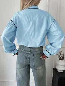 Siren Gaze Women's Contrast Color Trim Long Sleeve Shirt, Autumn Women's Clothing, Stand Collar Long Sleeve Shirt, Cotton Shirt - Baby Blue - View 2