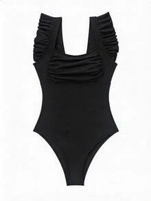 Swim Basics Đồ bơi một mảnh cổ vuông màu trơn cho kỳ nghỉ hè - màu đen - Xem 4