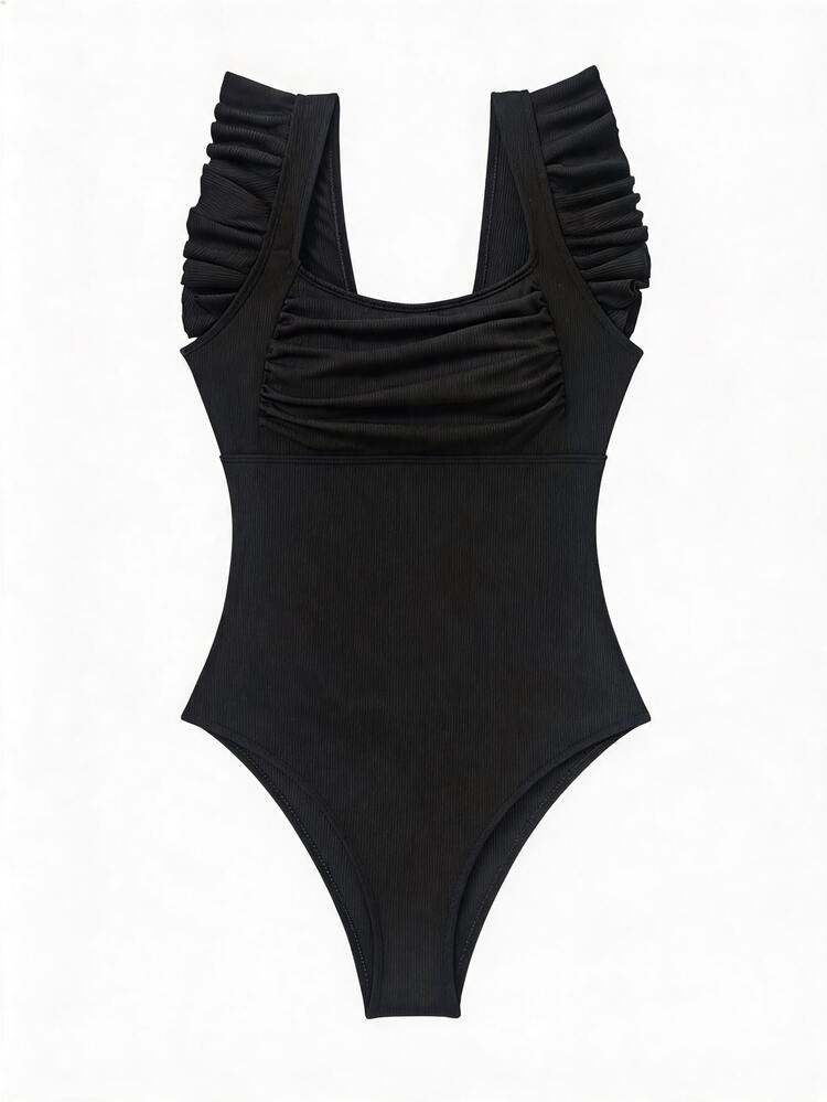 Swim Basics Ladies Solid Color Square Neck Ruffled One-Piece Swimsuit For Summer Beach Holiday - Black - View 3