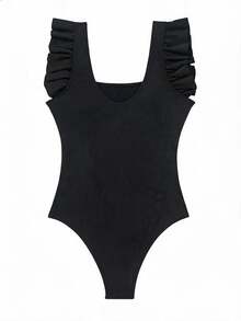 Swim Basics Đồ bơi một mảnh cổ vuông màu trơn cho kỳ nghỉ hè - màu đen - Xem 5
