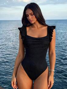 Swim Basics Đồ bơi một mảnh cổ vuông màu trơn cho kỳ nghỉ hè - màu đen - Xem 2