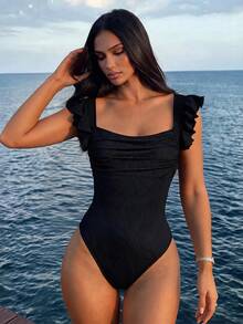 Swim Basics Đồ bơi một mảnh cổ vuông màu trơn cho kỳ nghỉ hè - màu đen - Xem 6