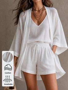 Solivie 3 Piece Linen Women's Solid Color Camisole Top, Shorts And Robe Casual Everyday Set - White - View 1