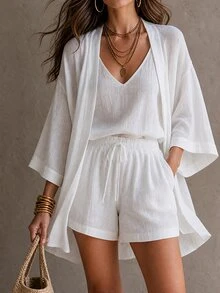 Solivie 3 Piece Linen Women's Solid Color Camisole Top, Shorts And Robe Casual Everyday Set - White - View 8