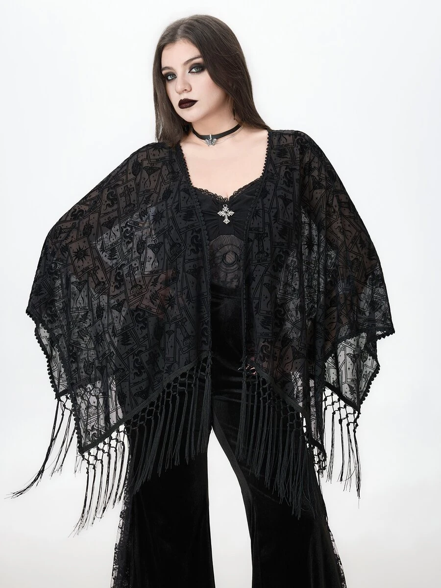 ROMWE Halloween Romantic Gothic Vintage Baroque Pattern Flocked Fabric Asymmetrical Tassel Hem Plus Size Women's Cardigan Top - Black - View 1