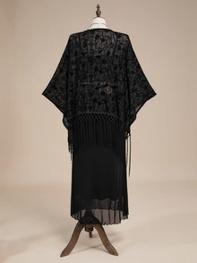 ROMWE Halloween Romantic Gothic Vintage Baroque Pattern Flocked Fabric Asymmetrical Tassel Hem Plus Size Women's Cardigan Top - Black - View 10