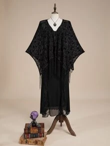 ROMWE Halloween Romantic Gothic Vintage Baroque Pattern Flocked Fabric Asymmetrical Tassel Hem Plus Size Women's Cardigan Top - Black - View 7