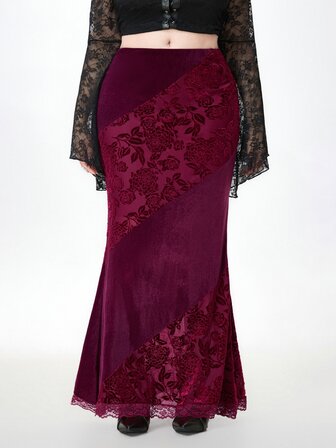 Goth Eleganter luxuriöser Palaststil Spitzenapplikation verzierter Samt Patchwork Saum Meerjungfrau Rock für Frauen
