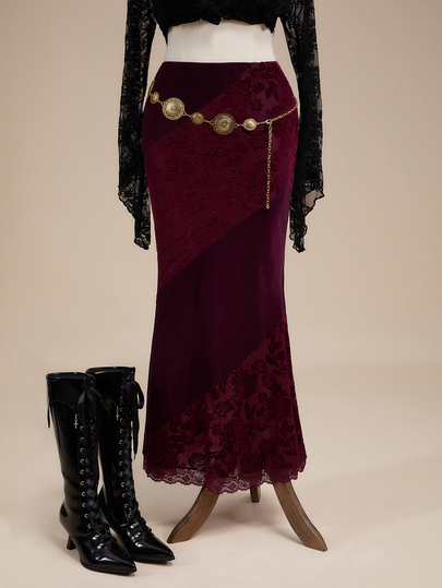 Goth Jupe sirène élégante et luxueuse de style palais avec patchwork en velours et ourlet décoré d'appliqués en dentelle pour femmes