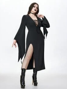 ROMWE Gaun Ukuran Plus Seksi Gaya Gothic Gelap dengan Desain Leher V dan Tali Pengikat, Lengan Lonceng, dan Belahan. - Hitam - View 2