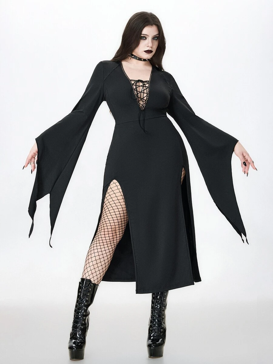 ROMWE Gaun Ukuran Plus Seksi Gaya Gothic Gelap dengan Desain Leher V dan Tali Pengikat, Lengan Lonceng, dan Belahan. - Hitam - View 1