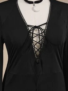 ROMWE Gaun Ukuran Plus Seksi Gaya Gothic Gelap dengan Desain Leher V dan Tali Pengikat, Lengan Lonceng, dan Belahan. - Hitam - View 9