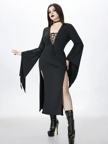 ROMWE Gaun Ukuran Plus Seksi Gaya Gothic Gelap dengan Desain Leher V dan Tali Pengikat, Lengan Lonceng, dan Belahan. - Hitam - View 4