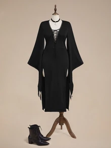 ROMWE Gaun Ukuran Plus Seksi Gaya Gothic Gelap dengan Desain Leher V dan Tali Pengikat, Lengan Lonceng, dan Belahan. - Hitam - View 7