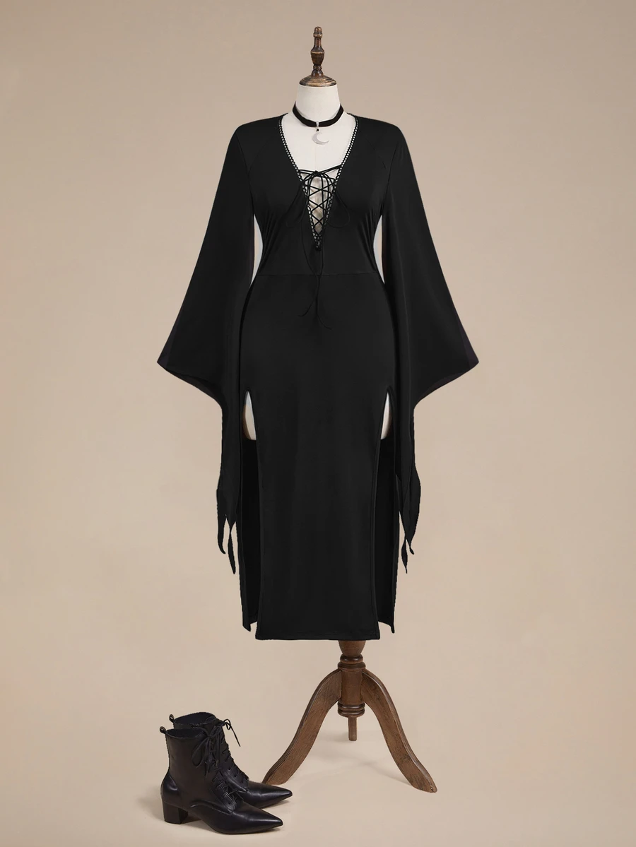 ROMWE Dark Gothic Sexy V-Neck Tie-Up Design Witch Bell Sleeve Slit Plus Size Dress - Black - View 1