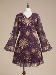 ROMWE Goth Plus Sun & Moon Print Flounce Sleeve Ruffle Hem Dress Without Corset - Purple - View 8