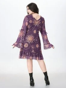 ROMWE Goth Plus Sun & Moon Print Flounce Sleeve Ruffle Hem Dress Without Corset - Purple - View 2