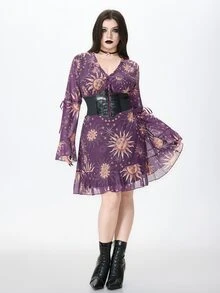ROMWE Goth Plus Sun & Moon Print Flounce Sleeve Ruffle Hem Dress Without Corset - Purple - View 4
