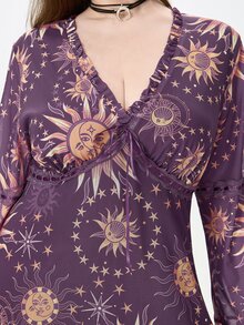 ROMWE Goth Plus Sun & Moon Print Flounce Sleeve Ruffle Hem Dress Without Corset - Purple - View 6