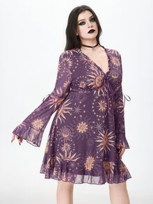 ROMWE Goth Plus Sun & Moon Print Flounce Sleeve Ruffle Hem Dress Without Corset - Purple - View 5