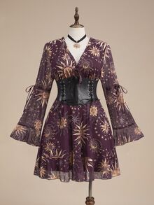 ROMWE Goth Plus Sun & Moon Print Flounce Sleeve Ruffle Hem Dress Without Corset - Purple - View 9