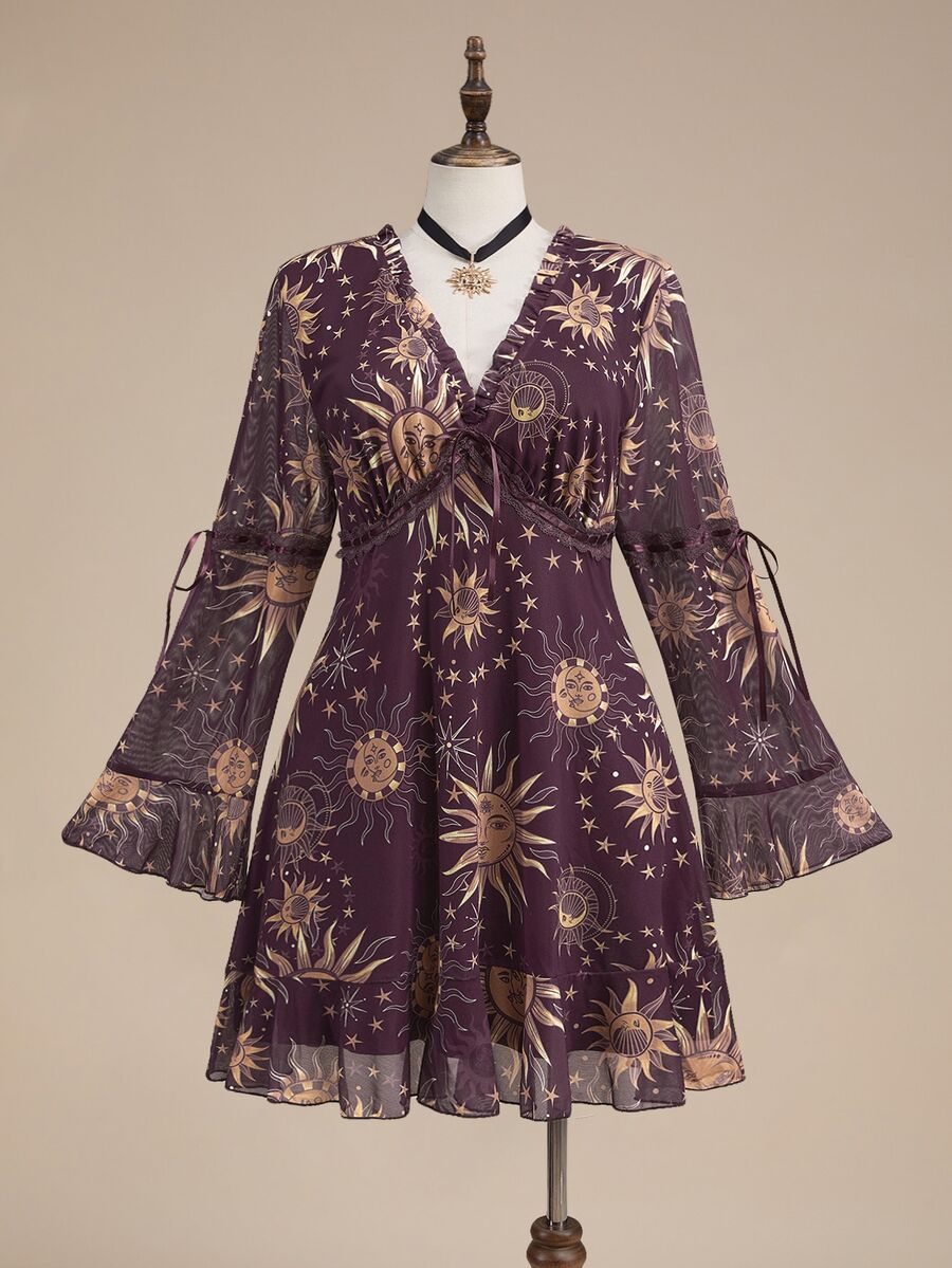 ROMWE Goth Plus Sun & Moon Print Flounce Sleeve Ruffle Hem Dress Without Corset - Purple - View 1