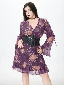 ROMWE Goth Plus Sun & Moon Print Flounce Sleeve Ruffle Hem Dress Without Corset - Purple - View 7