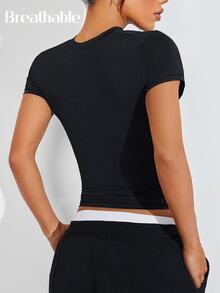 WanderVale FeatherFit™ Cropped Cross Back Tee Workout Tank Top Gym Women Shirts - Black - View 2