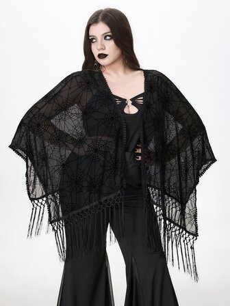 Goth Cardigan da donna taglie forti con motivo ragnatela in stile gotico romantico vintage barocco, tessuto floccato e orlo asimmetrico con nappine