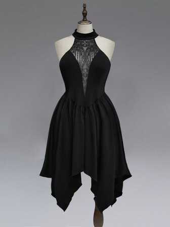 Dark Night Ode Gothic-Stil Off-Shoulder Mesh Schloss-flockiges Patchwork tief ausgeschnitten asymmetrischer Saum Große Größen Kleid