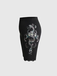 ROMWE Goth Vintage Dark Snake & Floral Print Versatile Plus Size Leggings - Black - View 7