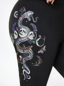 ROMWE Goth Vintage Dark Snake & Floral Print Versatile Plus Size Leggings - Black - View 4